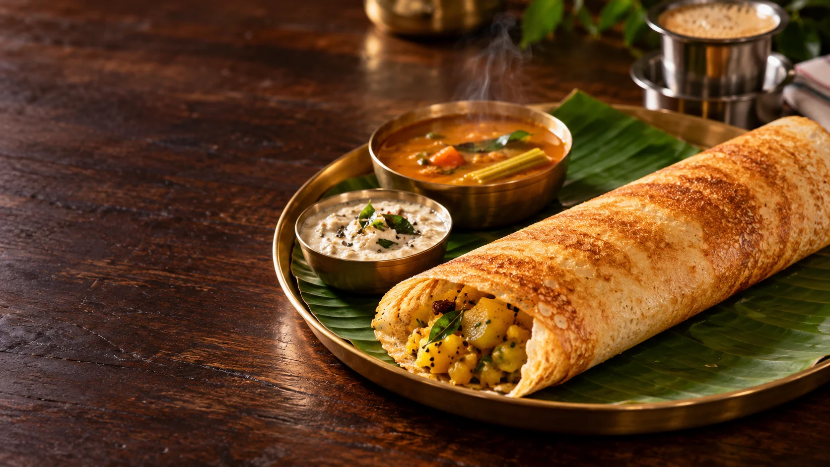 Golden dosa served on a banana leaf with coconut chutney and sambar