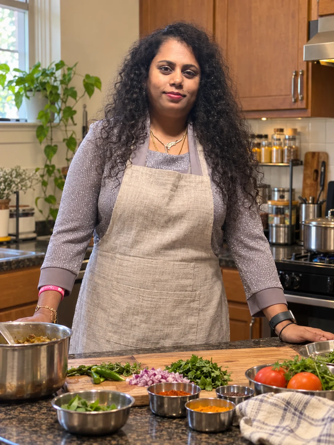 The cook behind Bee’s Cuisine in a home kitchen, wearing a linen apron over her lavender outfit